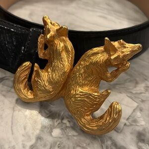 Vintage Doreen Ryan double fox head buckle and black leather belt, large, 1 1/2”